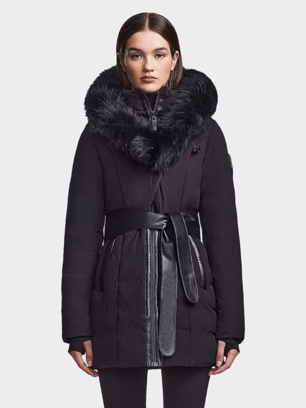 RUDSAK Black Fur-Trim Belted Puffer Coat